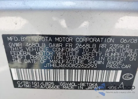 2008 Lexus Es 350 z USA, uszkodzony, nr VIN JTHBJ46G082262293